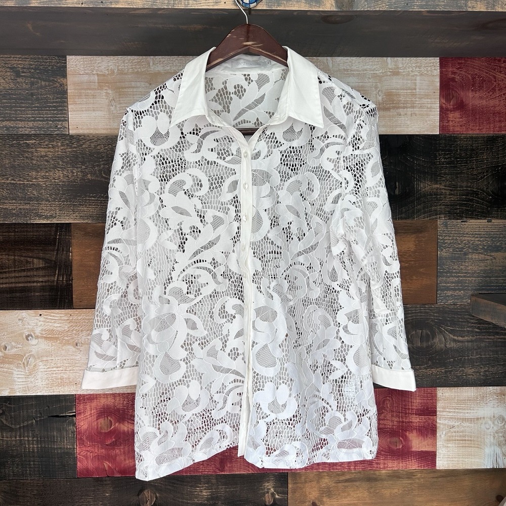 Anne Fontaine Women's Lace Knit Blouse White Sz 46 Stretch Button Front LS